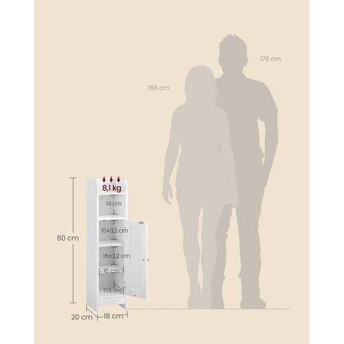 Armoire De Salle De Bain, Étagères Réglables, 1 Porte, 18 X 20 X 80 Cm, Blanc