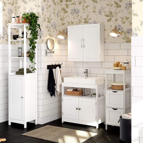 Armoire De Salle De Bain, 2 Portes, Avec 2 étagères, 60 X 18 X 60 Cm, Blanc Mat