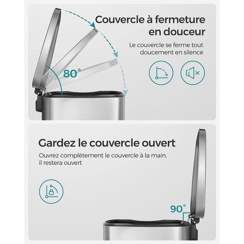 Poubelle De Cuisine 50l à Pédale, Avec Seau Intérieur En Plastique, Couvercle, Anti-odeur, Argenté