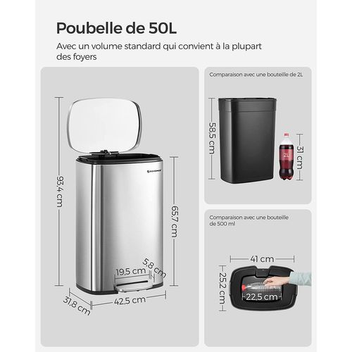 Poubelle De Cuisine 50l à Pédale, Avec Seau Intérieur En Plastique, Couvercle, Anti-odeur, Argenté