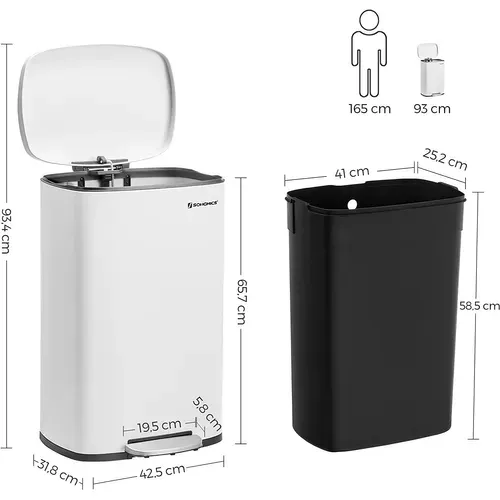 Poubelle De Cuisine 50l à Pédale, Avec Seau Intérieur En Plastique, Couvercle, Anti-odeur, Blanc