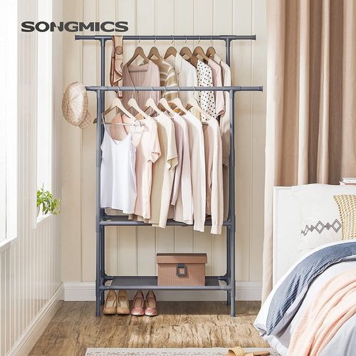 Portant à Vêtements Double Barre, En Métal, Avec Étagère De Rangement à 2 Niveaux, Gris