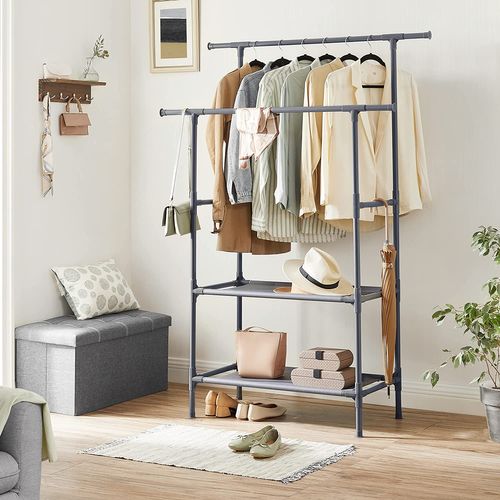 Portant à Vêtements Double Barre, En Métal, Avec Étagère De Rangement à 2 Niveaux, Gris