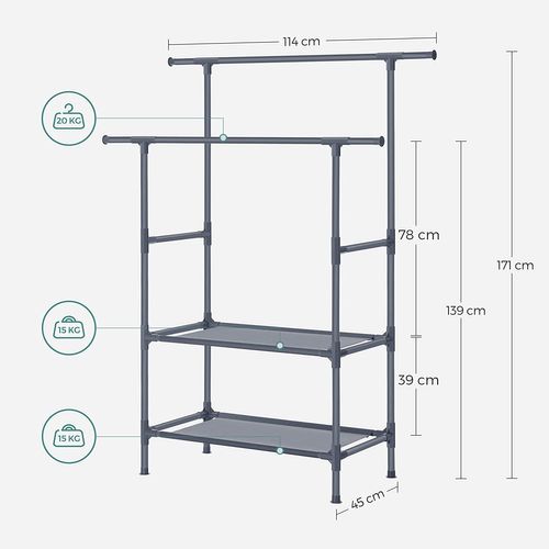 Portant à Vêtements Double Barre, En Métal, Avec Étagère De Rangement à 2 Niveaux, Gris