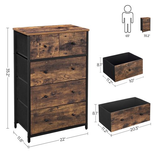 Commode  Avec 5 Tiroirs En Tissu, Style Industriel, Marron Rustique Et Noir