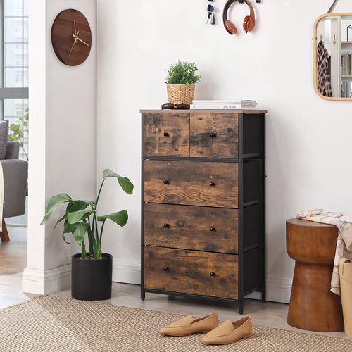 Commode  Avec 5 Tiroirs En Tissu, Style Industriel, Marron Rustique Et Noir