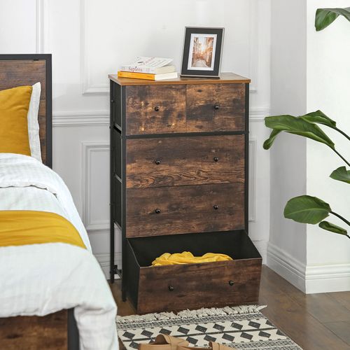 Commode  Avec 5 Tiroirs En Tissu, Style Industriel, Marron Rustique Et Noir
