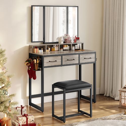 Coiffeuse Avec Tabouret, 3 Miroirs, 3 Tiroirs, Porte-sèche-cheveux, Style Industriel, Grège, Noir