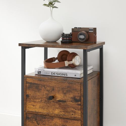 Table De Chevet, 2 Tiroirs, Style Industriel, 38 X 28 X 60 Cm (l X L X H), Marron Rustique Et Noir