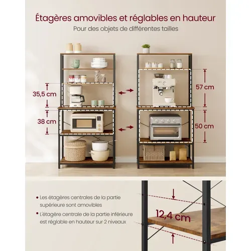 Desserte,étagère De Cuisine,avec 6 Crochets,cadre En Métal,style Industriel,marron