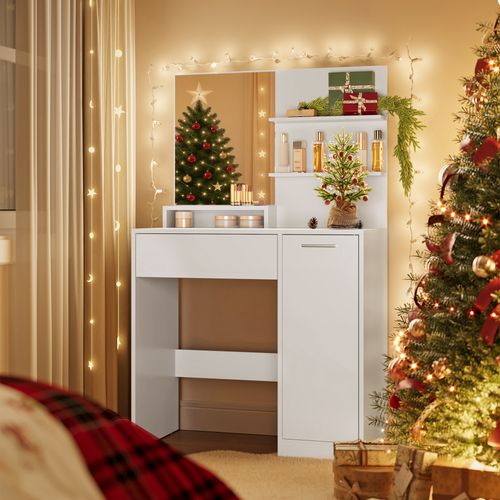 Coiffeuse, Avec Miroir, 1 Tiroir, 2 Étagères, blanc, 80 x 40 x 132 cm