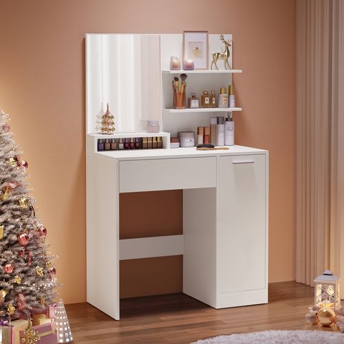 Coiffeuse, Avec Miroir, 1 Tiroir, 2 Étagères, blanc, 80 x 40 x 132 cm