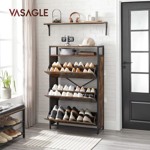 Meuble à Chaussures Avec 3 Abattants, Compartiment Ouverts, Séparateurs Réglables, 15-24 Paires