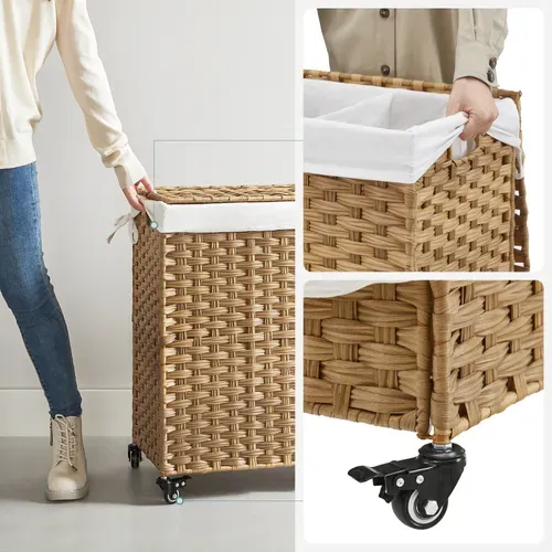 Panier à Linge 140l, Imitation Rotin, 3 Parties, 66 X 33 X 60 Cm, Couleur Boisée