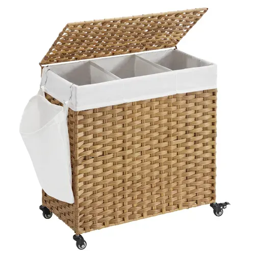 Panier à Linge 140l, Imitation Rotin, 3 Parties, 66 X 33 X 60 Cm, Couleur Boisée