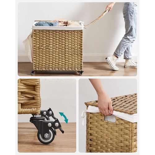 Panier à Linge 140l, Imitation Rotin, 3 Parties, 66 X 33 X 60 Cm, Couleur Boisée