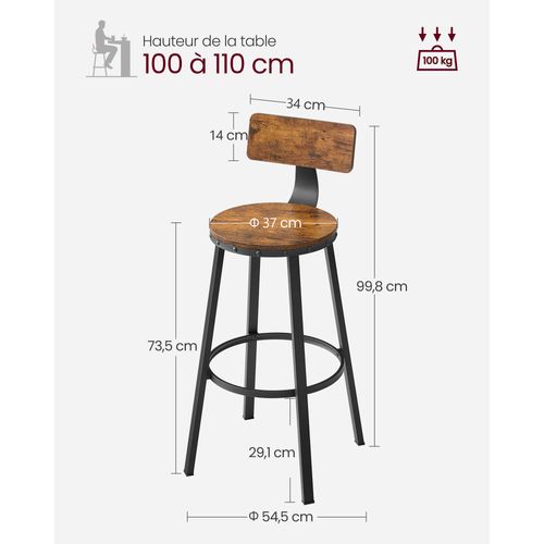 Tabouret Bar Industriel, Lot De 4,  Avec Dossier, Cadre En Acier, Siège De 73 Cm De Haut, Marron