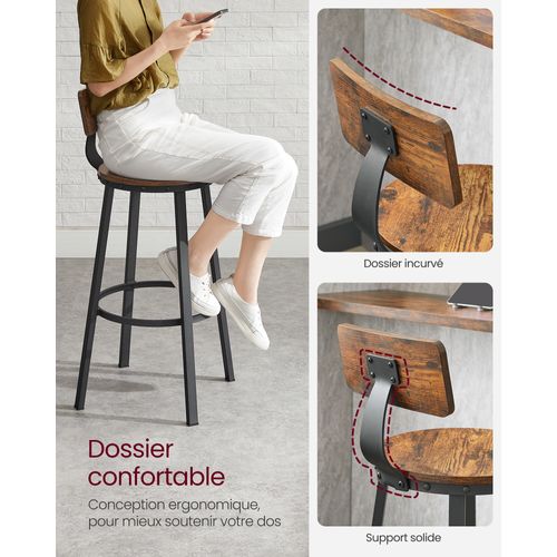 Tabouret Bar Industriel, Lot De 4,  Avec Dossier, Cadre En Acier, Siège De 73 Cm De Haut, Marron