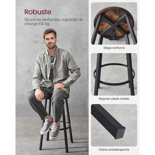 Tabouret Bar Industriel, Lot De 4,  Avec Dossier, Cadre En Acier, Siège De 73 Cm De Haut, Marron