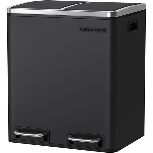 Poubelle Tri Sélectif 2 Bacs, 2 X 15l, Avec Seaux Intérieurs Et Poignées, Fermeture Lente, Noir