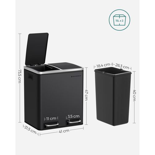 Poubelle Tri Sélectif 2 Bacs, 2 X 15l, Avec Seaux Intérieurs Et Poignées, Fermeture Lente, Noir