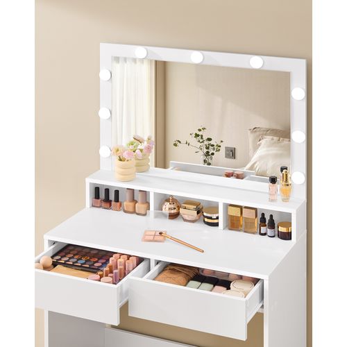 Coiffeuse Avec Miroir Avec 9 LED, 2 Tiroirs, 3 Compartiments De Rangement, 80 X 40 X 140 Cm