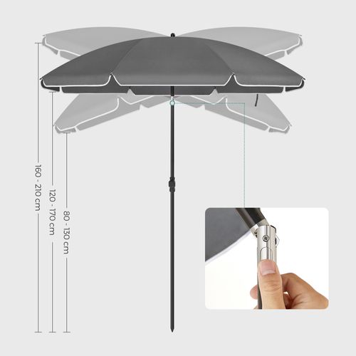 Parasol De 160 Cm, Protection Solaire Upf 50+, Hauteur Réglable, Avec Sac De Transport, Gris