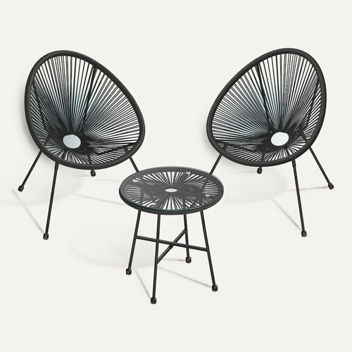 Salon De Jardin, 2 Chaises D'extérieur Acapulco Noir, Avec Table En Verre