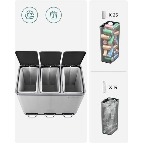 Poubelle Tri Sélectif 3 Bacs, 3 X 18l, Couvercle à Fermeture Lente, Argent Et Noir