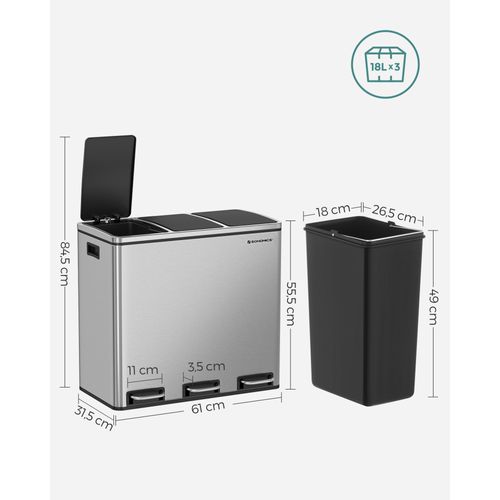 Poubelle Tri Sélectif 3 Bacs, 3 X 18l, Couvercle à Fermeture Lente, Argent Et Noir