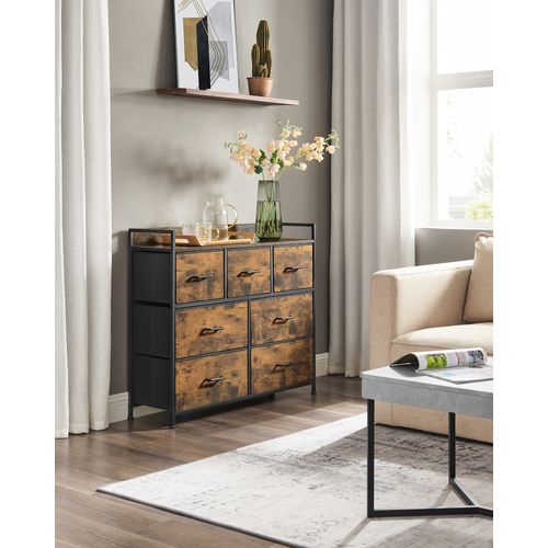 Commode 7 Tiroirs En Tissu, Meuble De Rangement, Style Industriel, Marron Rustique, Noir