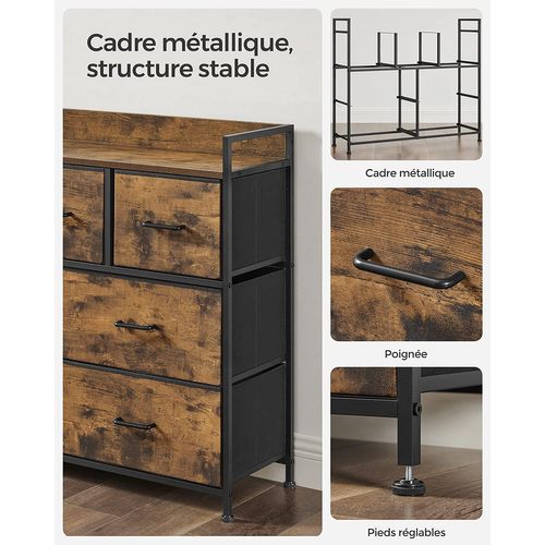 Commode 7 Tiroirs En Tissu, Meuble De Rangement, Style Industriel, Marron Rustique, Noir
