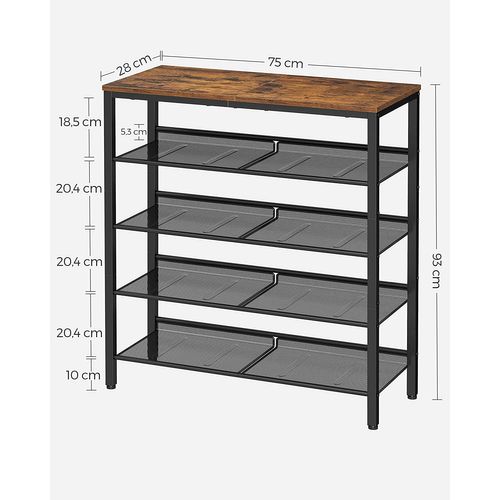 Étagère Chaussure 5 Niveaux, Avec 4 Étagères Grillagées, Marron Rustique Et Noir
