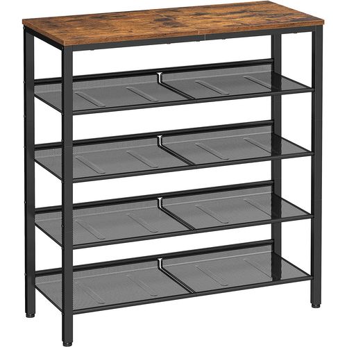 Étagère Chaussure 5 Niveaux, Avec 4 Étagères Grillagées, Marron Rustique Et Noir