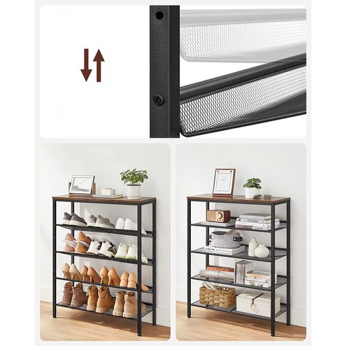 Étagère Chaussure 5 Niveaux, Avec 4 Étagères Grillagées, Marron Rustique Et Noir
