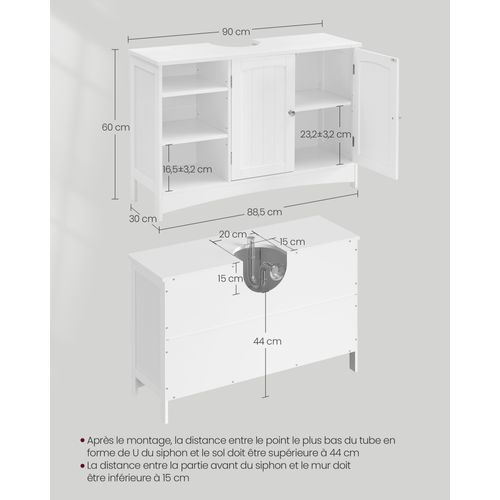 Meuble Sous Vasque, 90 X 30 X 60 Cm, 2 Portes, Compartiments Ouverts, Blanc