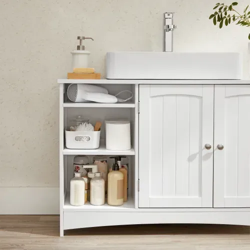 Meuble Sous Vasque, 90 X 30 X 60 Cm, 2 Portes, Compartiments Ouverts, Blanc
