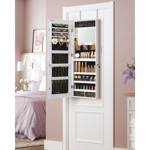 Armoire à Bijoux Murale, Avec Lumières LED,  Avec Miroir, 2 Tiroirs, Verrouillable, Blanc