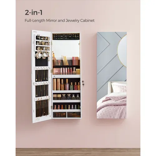 Armoire à Bijoux Murale, Avec Lumières LED,  Avec Miroir, 2 Tiroirs, Verrouillable, Blanc