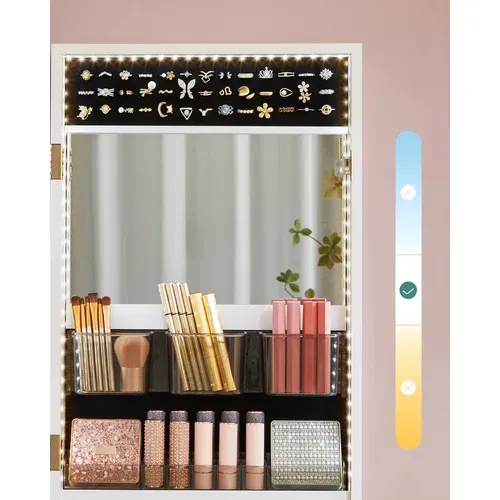 Armoire à Bijoux Murale, Avec Lumières LED,  Avec Miroir, 2 Tiroirs, Verrouillable, Blanc