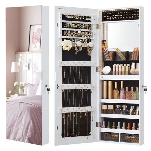 Armoire à Bijoux Murale, Avec Lumières LED,  Avec Miroir, 2 Tiroirs, Verrouillable, Blanc