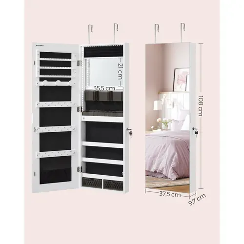 Armoire à Bijoux Murale, Avec Lumières LED,  Avec Miroir, 2 Tiroirs, Verrouillable, Blanc