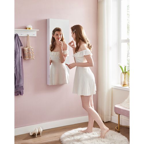 Armoire à Bijoux Murale, Avec Lumières LED,  Avec Miroir, 2 Tiroirs, Verrouillable, Blanc