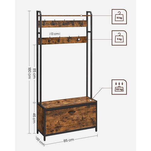 Vestiaire D’entrée Avec Banc, 9 Crochets Et Étagère, 30 X 85 X 180 Cm, Style Industriel