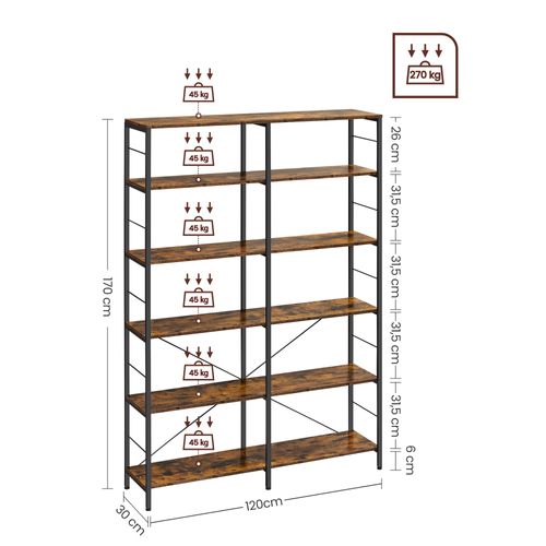 Bibliothèque 6 Niveaux, Étagère De Rangement, 120 X 30 X 172,5 Cm
