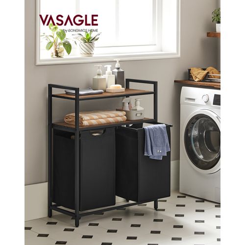 Panier à Linge Sale,avec 2 étagères De Rangement, Volume De Chaque Sac 46l, Marron Rustique Et Noir