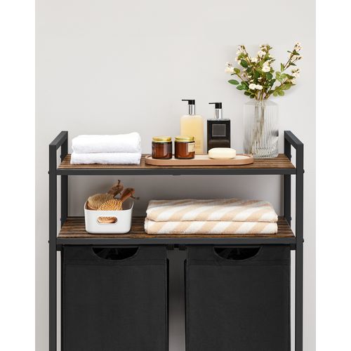 Panier à Linge Sale,avec 2 étagères De Rangement, Volume De Chaque Sac 46l, Marron Rustique Et Noir