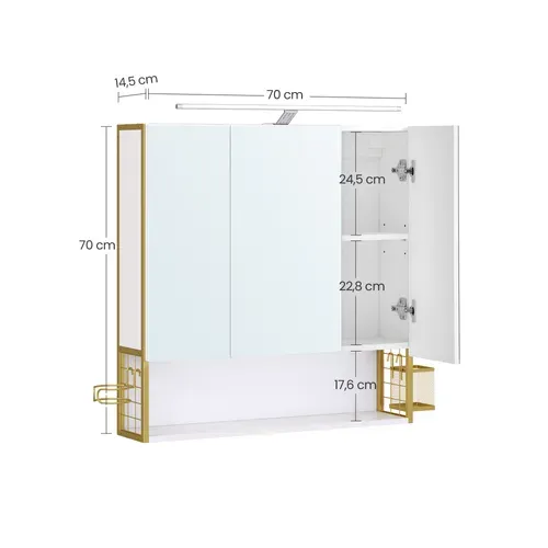 Armoire Murale Avec Miroir, Avec Lampe LED, Avec Câble, Placard 3 Portes, Moderne Chic, Blanc