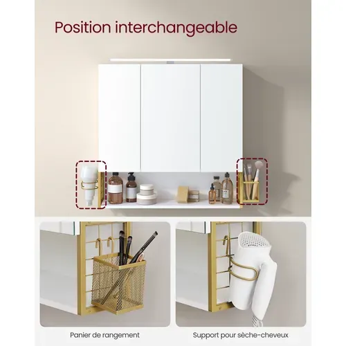 Armoire Murale Avec Miroir, Avec Lampe LED, Avec Câble, Placard 3 Portes, Moderne Chic, Blanc