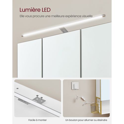 Armoire Murale Avec Miroir, Avec Lampe LED, Avec Câble, Placard 3 Portes, Moderne Chic, Blanc